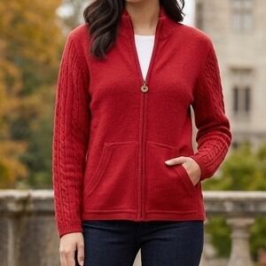 Jantzen Classics Red Full Zip Cable Knit Sleeve Cardigan Sweater Mock Neck M